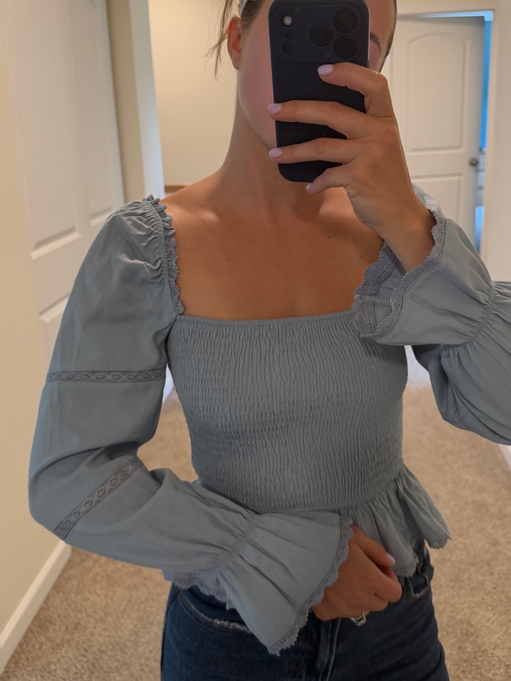 Commense Dusty Blue Smocked Square-Neck Peplum Blouse